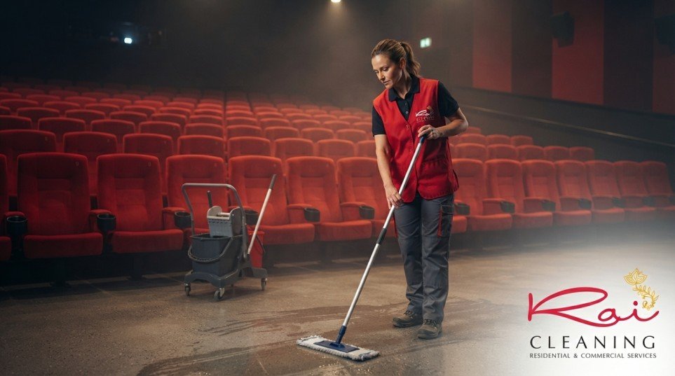 Cleaner mopping cinema auditorium floor between movie sessions in Melbourne
