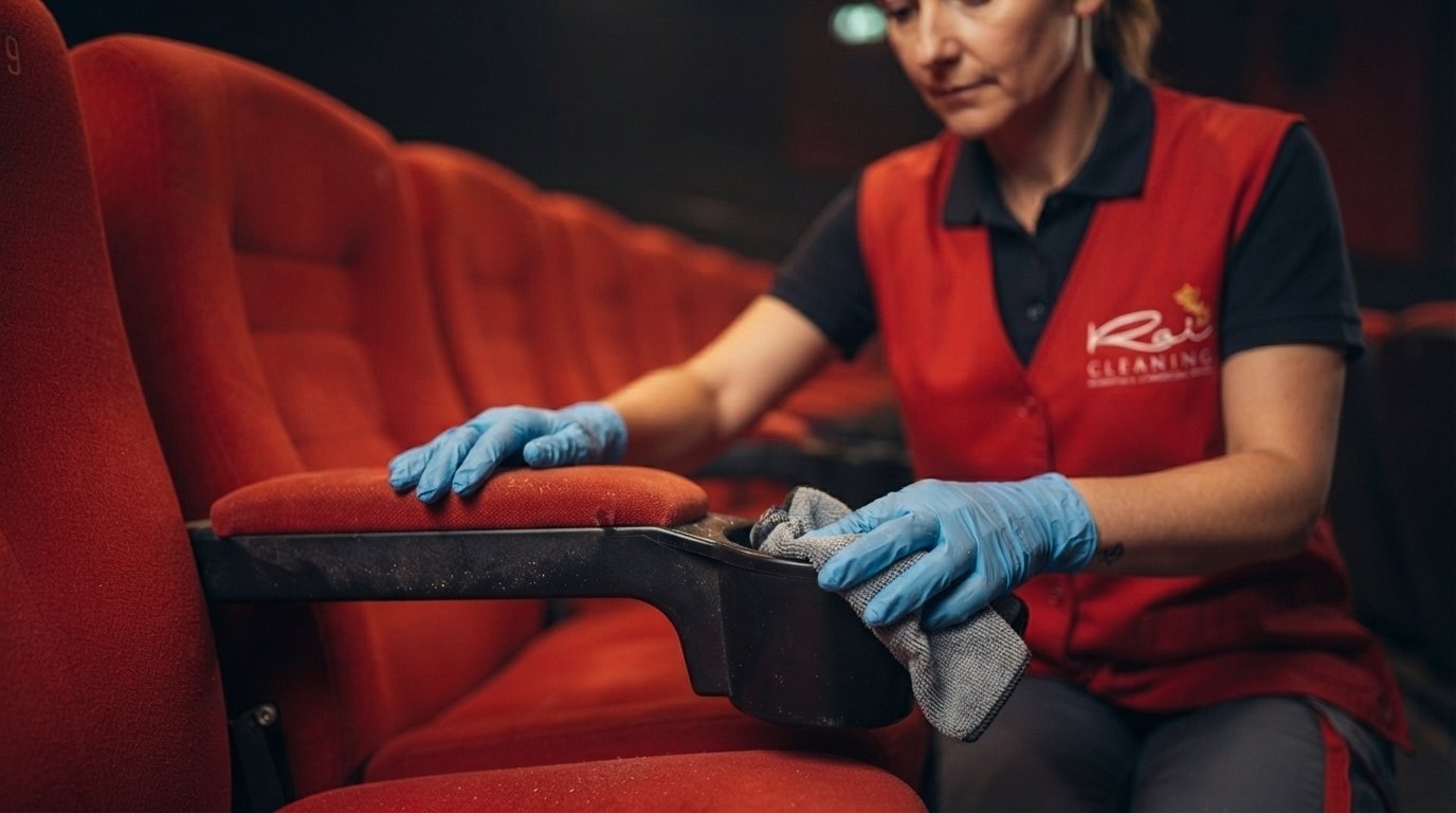 Cleaner sanitising cinema seat armrests and cup holders in Melbourne theatre