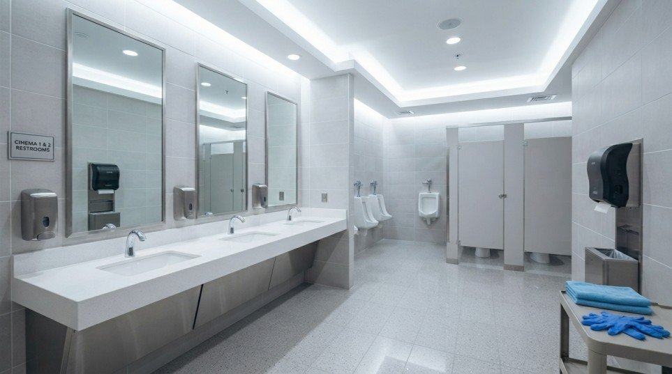 Spotless cinema bathroom after professional cleaning in Melbourne