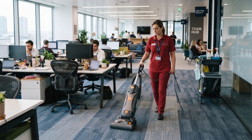 Professional cleaner vacuuming an office floor as part of commercial cleaning services Melbourne
