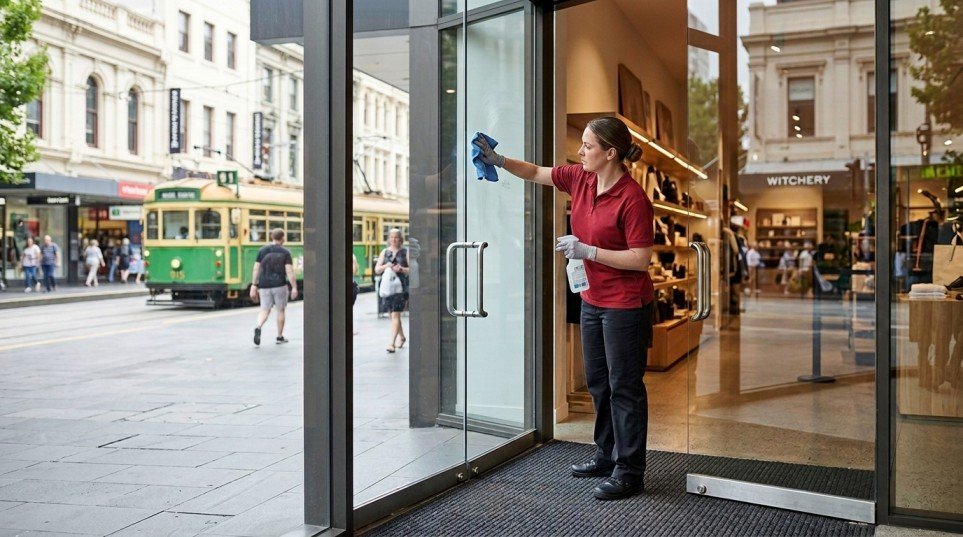 Professional cleaner wiping down a retail storefront entrance in Melbourne