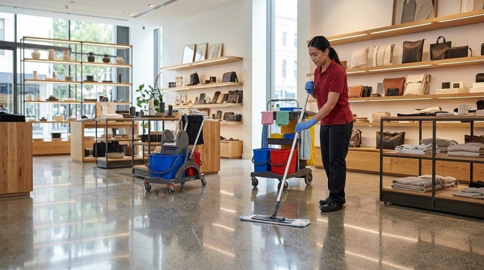 Cleaner dusting retail shelving and mopping shop floor in Melbourne