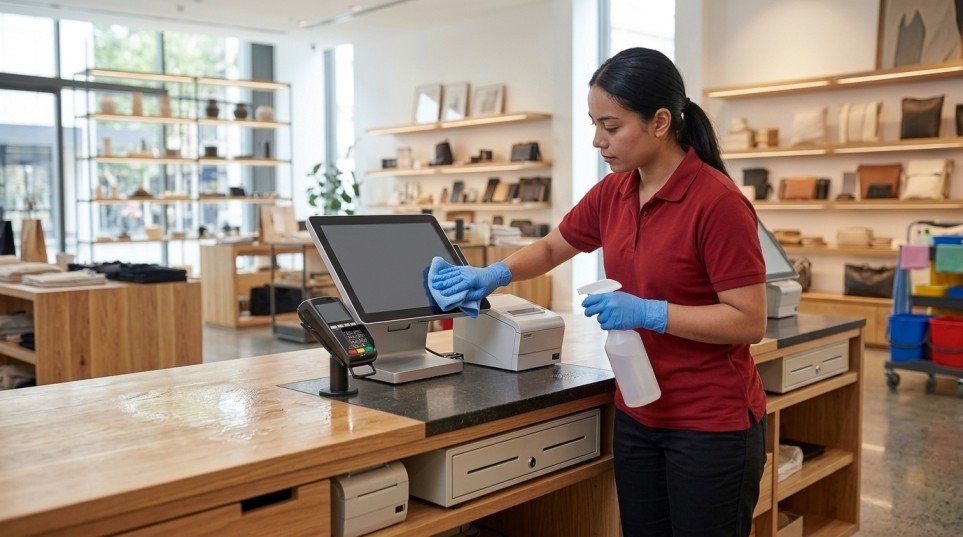 Cleaner wiping down a retail checkout counter and high-touch surfaces