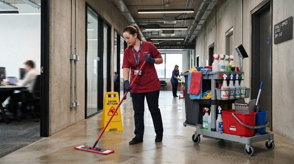 Commercial cleaner using professional equipment and safety practices