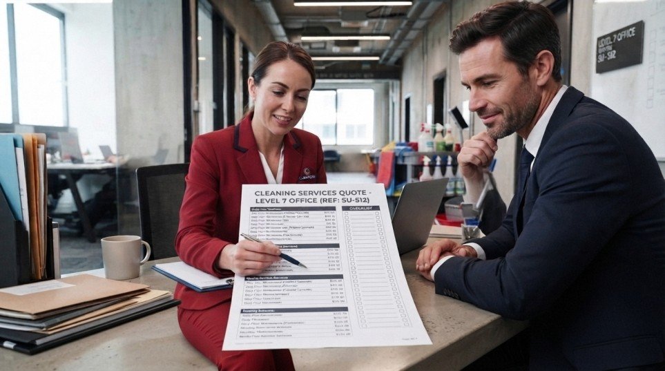 Business owner reviewing a commercial cleaning quote and contract