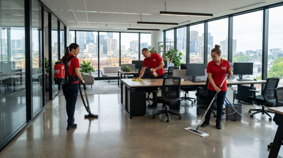 Professional office cleaning team in red RAI CLEANING uniforms disinfecting and cleaning a modern corporate office in Melbourne