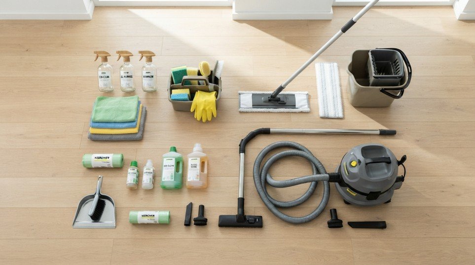 Professional cleaning supplies and equipment used in commercial cleaning contracts
