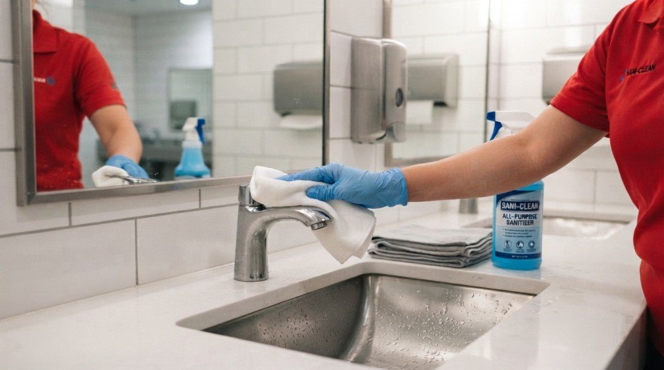 Commercial cleaner sanitising a bathroom sink in a Melbourne office restroom