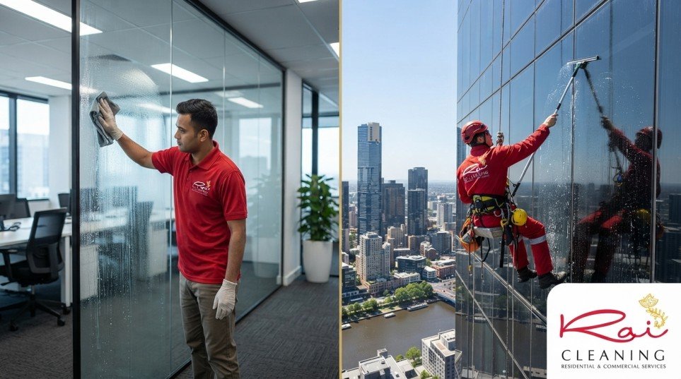 Interior and exterior office window cleaning comparison in Melbourne