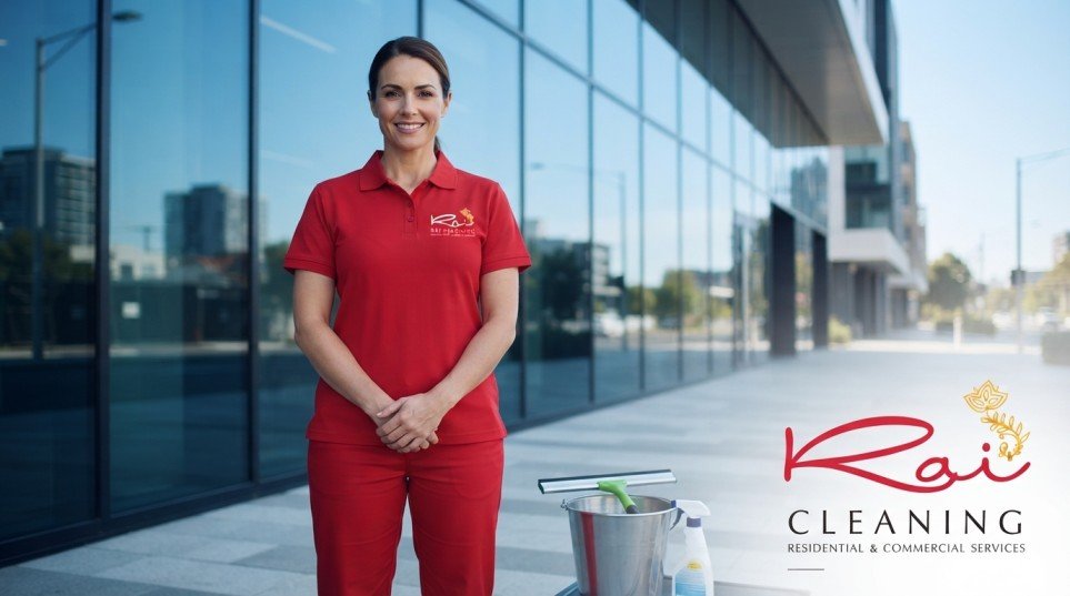 Rai Cleaning professional window cleaner outside a Melbourne office building