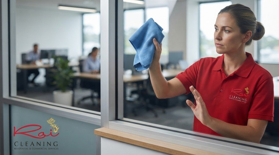 Cleaner in red uniform wiping office window glass and frame