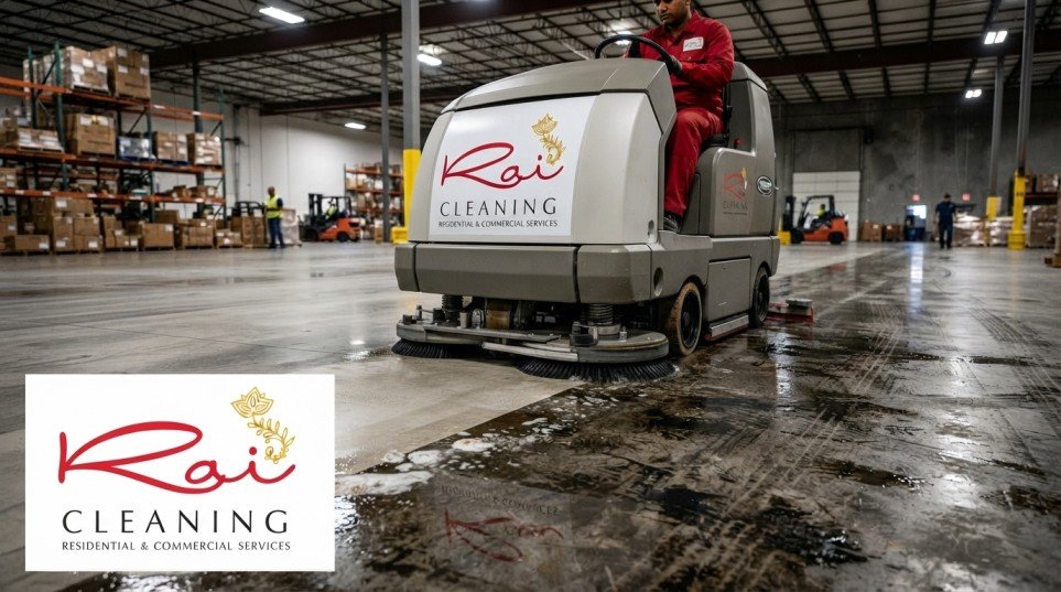 Industrial floor cleaning removing grease and dirt buildup
