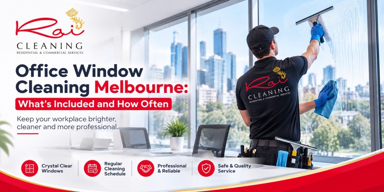 Professional cleaner washing office windows in a Melbourne commercial building