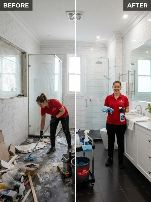 before and after builder cleaning of a luxury bathroom.
