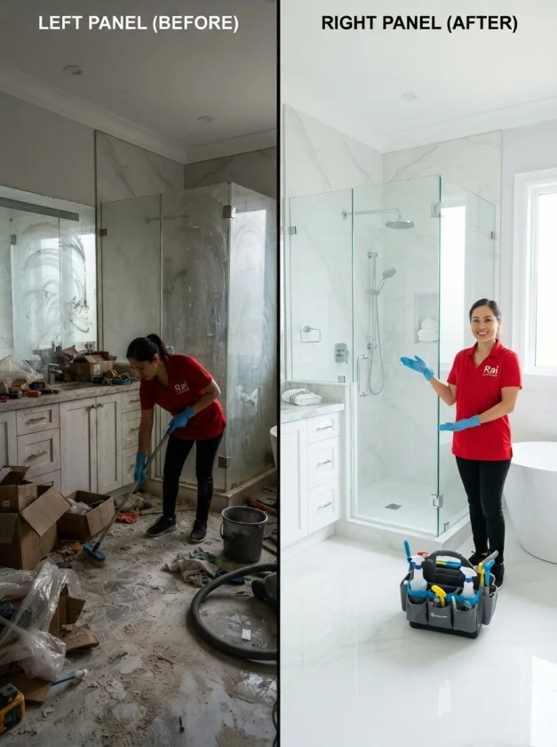 before and after builder cleaning of a luxury bathroom.