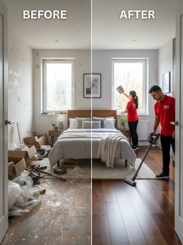 Before and after builder cleaning inside a modern bedroom