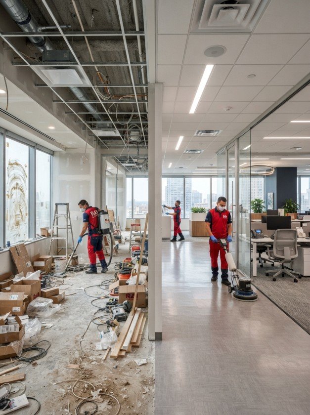 Modern commercial office before and after post-construction cleaning